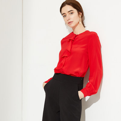 尤卡夫人 2017早春真丝衬衫女长袖波浪卷边修身显瘦纯色桑蚕丝上衣