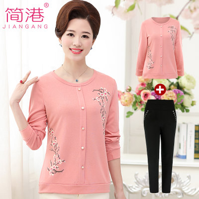 简港 中老年女装春装印花长袖上衣春季中年妈妈装宽松T恤针织衫送长裤