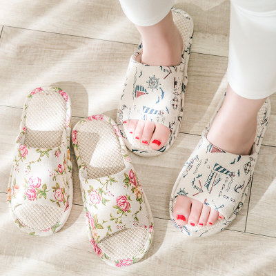 凯柏蒂威 冬夏季家居四季男女情侣棉麻亚麻拖鞋居家室内木地板软底防滑布春