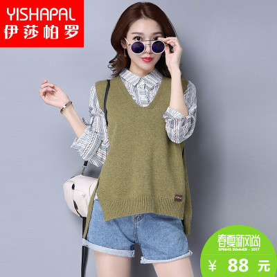 ESAPALRO伊莎帕罗 2017春装新款V领毛针织衫单件马甲宽松显瘦套头毛衣短款背心女士