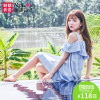 Nanaday娜娜日记 2017夏装新款女装无袖荷叶边露肩大下摆连衣裙NP6251媄