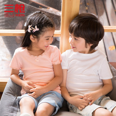 三枪 儿童短袖衫2017年春夏新圆领衫 舒肤棉罗纹男女童圆领短袖衫