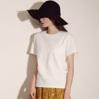 BIOLIVING百武西 2017夏季新纯色圆领T恤女修身短袖打底衫蕾丝花边上衣8402