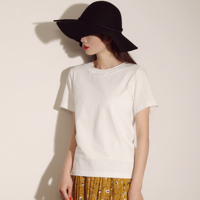 BIOLIVING百武西 2017夏季新纯色圆领T恤女修身短袖打底衫蕾丝花边上衣8402