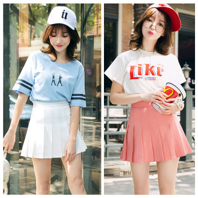 L4 春夏季新款韩版高腰显瘦a字百褶裙裤裙百搭学院风学生半身裙短裙