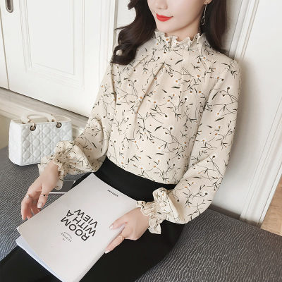 LUOSIMATE 2017春夏新款碎花雪纺衬衫女 长袖百搭宽松打底衬衣女中长款休闲