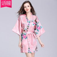 语瞳 女士睡衣夏仿真丝睡袍性感冰丝绸睡裙浴袍家居服短袖印花薄款
