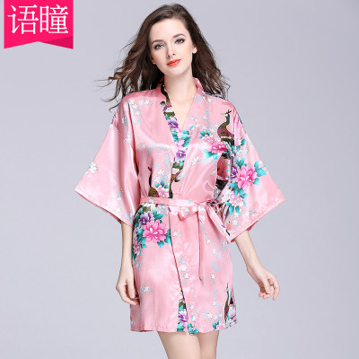 语瞳 女士睡衣夏仿真丝睡袍性感冰丝绸睡裙浴袍家居服短袖印花薄款