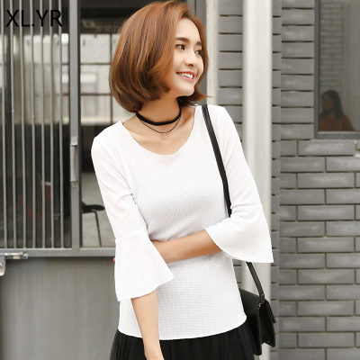 秀莉依人 春夏新款女装上衣喇叭中袖五分袖圆领t恤修身纯色打底衫体恤