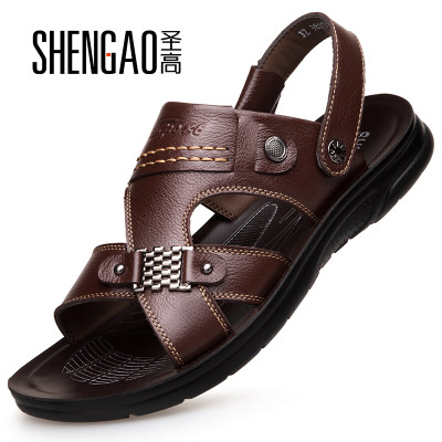 圣高 夏季新款男士沙滩鞋透气真皮凉拖青年百搭英伦休闲鞋男式耐磨凉鞋