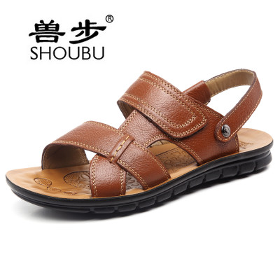 兽步 男士真皮凉鞋男夏季休闲沙滩鞋2017新款韩版潮流牛皮凉拖鞋男