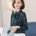 皇梦 2017春季新款女装上衣衬衫女长袖百搭印花系带蝴蝶结雪纺衫衬衣潮 4色可选