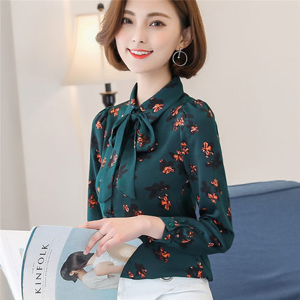 皇梦 2017春季新款女装上衣衬衫女长袖百搭印花系带蝴蝶结雪纺衫衬衣
