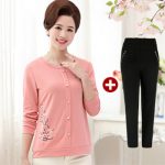 简港 中老年女装秋装套装印花上衣+裤子中年人妈妈装秋装大码T恤打底衫