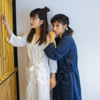 贝俪芬 夏季薄款浴袍女华夫格简约可爱中长款浴衣女七分袖甜美睡衣家居服