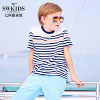 Swkids 七匹狼童装17夏季新品男童短袖t恤圆领中大童休闲条纹纯棉上衣