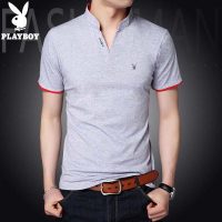 PLAYBOY花花公子 新款男士短袖t恤韩版修身立领打底衫青年运动T恤纯色体恤