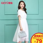 歌兔 雪纺连衣裙中长款2017夏季时尚修身韩版碎花小清新印花裙子女