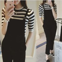 诗卡萱 时尚套装2017春夏新款女装韩版气质T恤背带连体九分裤休闲两件套