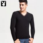 PLAYBOY花花公子 男士打底衫韩版春秋新款上衣长袖圆V领汗衫潮修身T恤纯色