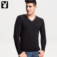 PLAYBOY花花公子 男士打底衫韩版春秋新款上衣长袖圆V领汗衫潮修身T恤纯色