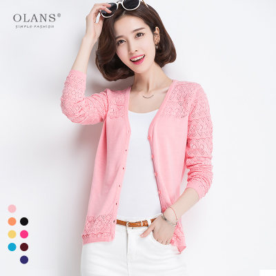 OLANS 2017春夏新品镂空纯棉薄款针织衫开衫女 外套女夏季薄防晒开衫