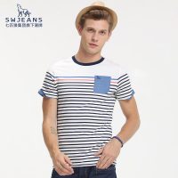 SWJEANS 七匹狼 潮牌男装夏季男式纯棉条纹体恤青年半袖潮流圆领男士短袖t恤