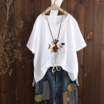 MARSEROICH 2017夏款女装 文艺百搭刺绣棉麻女士短袖T恤圆领套头宽松上衣体恤衫