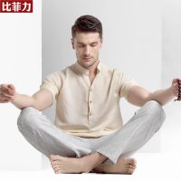 兆阳 亚麻衬衫短袖夏季薄款透气中国风宽松立领套头休闲棉麻男士衬衣