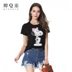 卿亲 2017夏季新款圆领卡通印花女短袖T恤休闲半袖上衣打底衫