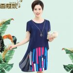 香蔻妮 中年女装40岁50妈妈装夏装连衣裙雪纺假两件短袖中老年女装中长款