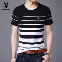 PLAYBOY花花公子 男士短袖T恤青年圆领新款体恤衫修身衣服条纹上衣男装