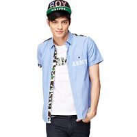 GIORDANO 佐丹奴 男式 字母印花迷彩布拼接卷边短袖衬衫 01044173