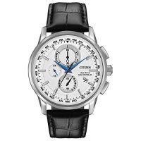Citizen西铁城 世界时区男士手表石英腕表 白色表盘 指针显示 黑色真皮表带 AT8110-02A