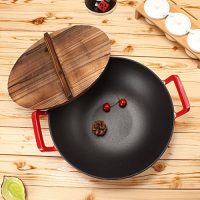 LlNTORE 朗特乐 德国工艺 珐琅炒锅 配备原生松木锅盖 加厚不粘搪瓷铸铁炒锅 无油烟 燃气电磁炉通用锅 牛排煎锅 平底锅 无涂层 34CM 瑞典SGS质量认证品质
