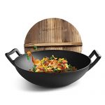 LlNTORE朗特乐 德国工艺 铸铁锅系列 配备原生松木锅盖 双耳炒锅 无油烟 燃气电磁炉通用锅 不粘锅 平底锅 无涂层34CM