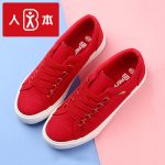 人本 帆布鞋女2017夏季新款韩版百搭休闲平底鞋低帮系带红色板鞋女