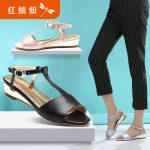 REDDRAGONFLY红蜻蜓 女鞋平底坡跟2017夏季新款真皮百搭简约韩版露趾女凉鞋子