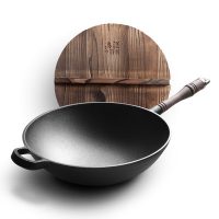 典匠 RY-60672 加厚圆底胡桃木柄炒锅30cm铸铁锅无油烟无涂层不粘锅老式生铁