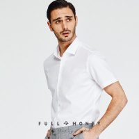 FULL MONTY 丝光棉短袖衬衫男士商务休闲修身正装白黑纯棉衬衣春夏