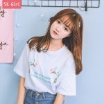 Skgirl 黑色刺绣女士短袖T恤港味白色宽松夏季字母玫瑰绣花港风复古