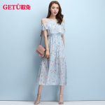 歌兔 雪纺连衣裙女夏一字肩2017新款韩版碎花吊带露肩小清新长裙 多款可选