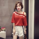 Qqaaiooyy俏院 露肩上衣韩国女夏2017新款小心机短袖t恤宽松一字领性感小露香肩