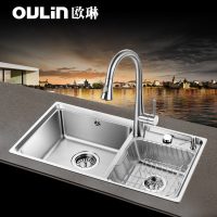 Oulin欧琳 OL-HT820 台控水槽双槽套餐 厨房洗菜盆 304不锈钢水槽双盆加厚