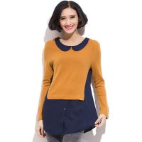 娅诺薇 2017春秋季新款女装雪纺针织中长款长袖假两件衬衫拼接打底衫上衣