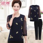 简港 中老年女装夏装半袖上衣+裤子40-50岁中年妈妈装中袖空调袖T恤2017新款