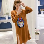 大码连衣裙女2017秋装胖mm中长款t恤裙v领开衩宽松遮肉长袖休闲裙