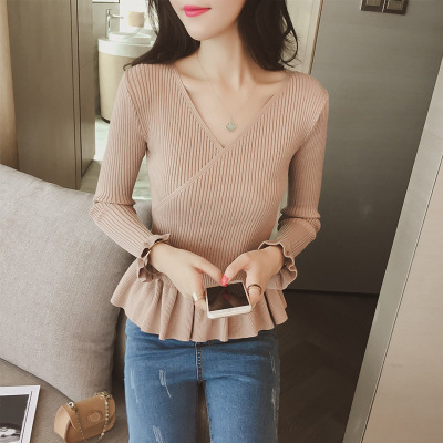 秋季新品喇叭袖女士针织衫 长袖上衣 套头V领修身百搭打底毛衣 4色可选