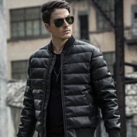 AKseries AK男装 都市特工棒球领PU皮羽绒服冬季加厚时尚男士羽绒服外套