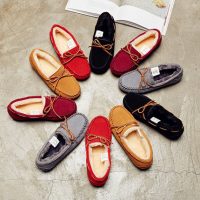 QNZY 秋冬季豆豆鞋女真皮2017新款毛毛加绒保暖棉鞋平底防滑雪地靴 5色可选